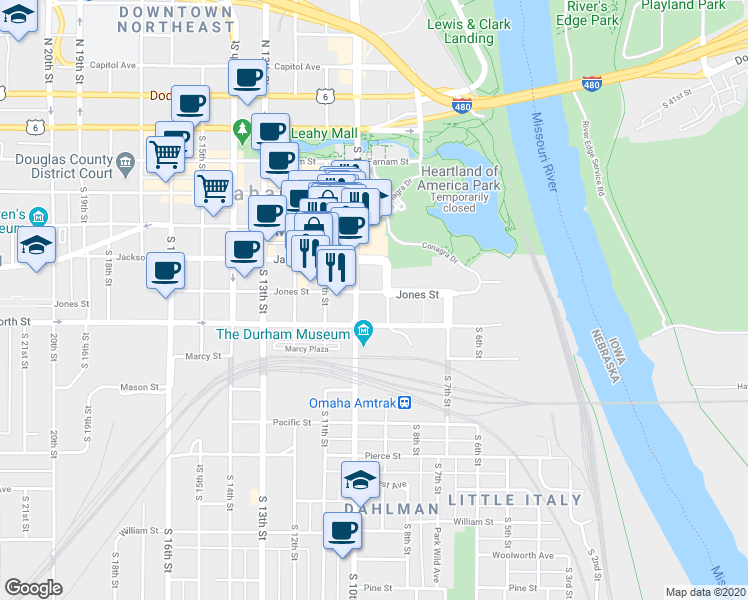 map of restaurants, bars, coffee shops, grocery stores, and more near 901 Jones Street in Omaha