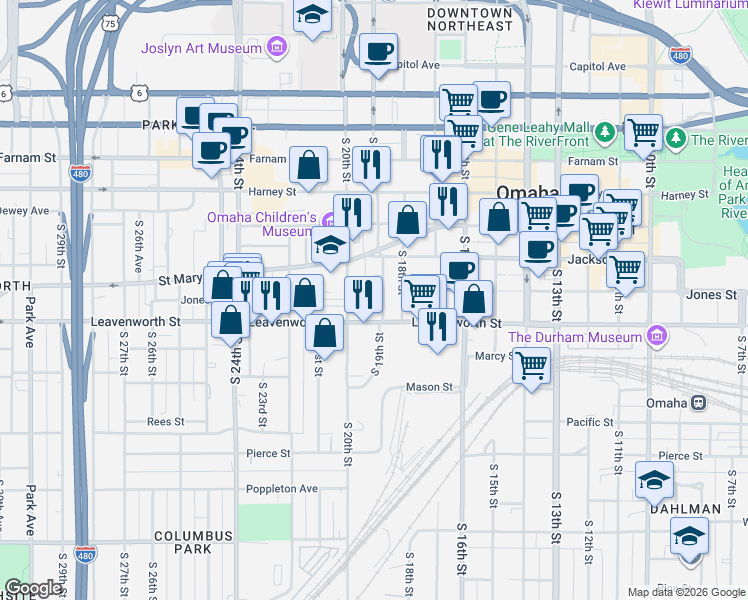 map of restaurants, bars, coffee shops, grocery stores, and more near 651 South 19th Avenue in Omaha