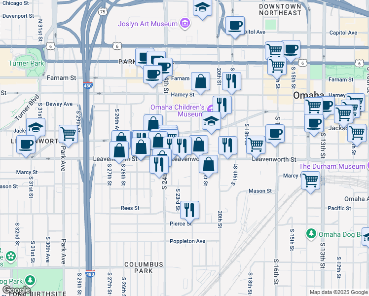 map of restaurants, bars, coffee shops, grocery stores, and more near 2221 Jones Street in Omaha
