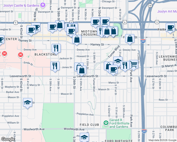 map of restaurants, bars, coffee shops, grocery stores, and more near 706 South 35th Street in Omaha