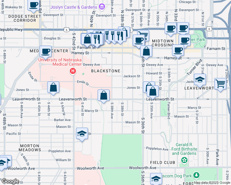 map of restaurants, bars, coffee shops, grocery stores, and more near 3819 Jones Street in Omaha