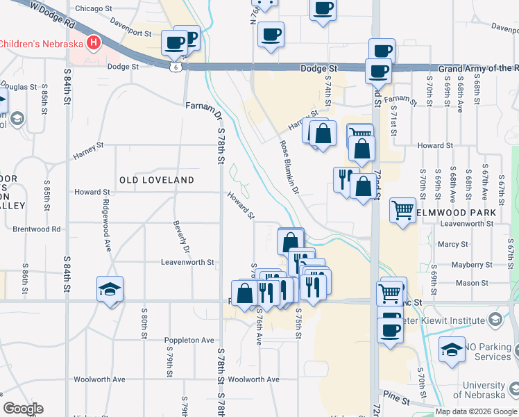 map of restaurants, bars, coffee shops, grocery stores, and more near 7520 Howard Street in Omaha