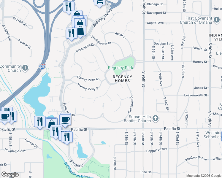 map of restaurants, bars, coffee shops, grocery stores, and more near 9906 Broadmoor Road in Omaha