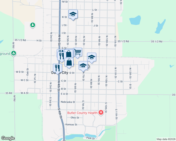 map of restaurants, bars, coffee shops, grocery stores, and more near 700-798 D St in David City