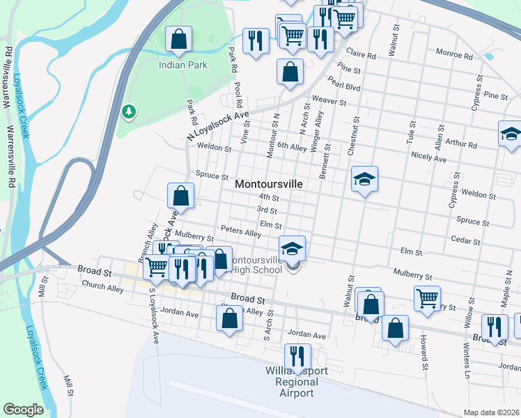 map of restaurants, bars, coffee shops, grocery stores, and more near 498 3rd St in Montoursville