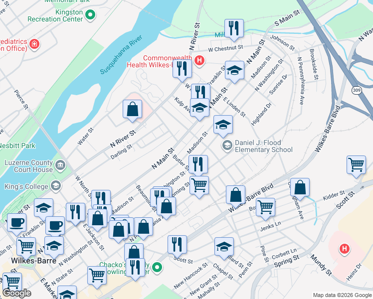 map of restaurants, bars, coffee shops, grocery stores, and more near 254 Madison Street in Wilkes-Barre