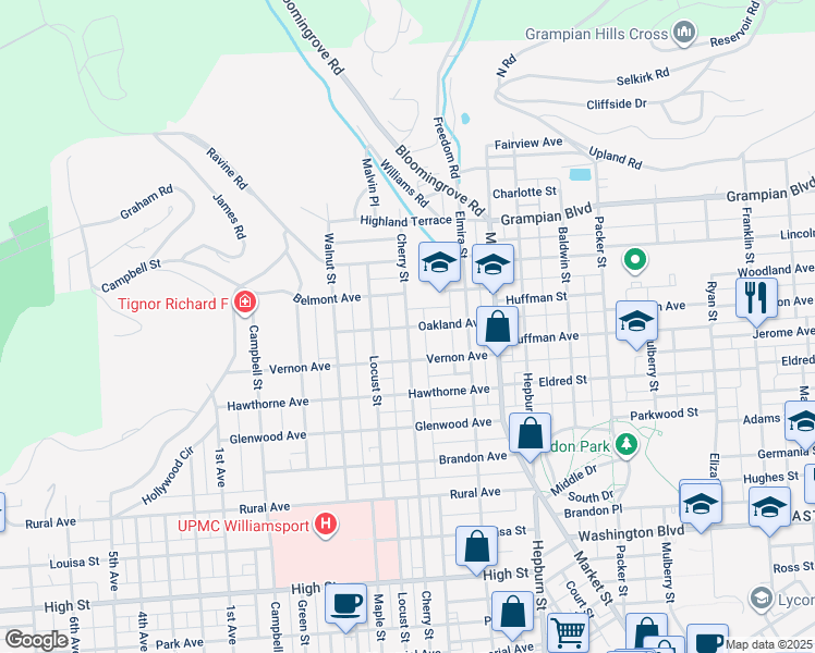 map of restaurants, bars, coffee shops, grocery stores, and more near Oakland Ave in Williamsport