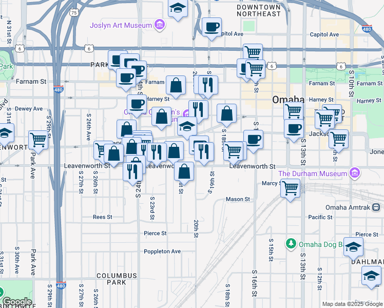 map of restaurants, bars, coffee shops, grocery stores, and more near 2010 Leavenworth St in Omaha