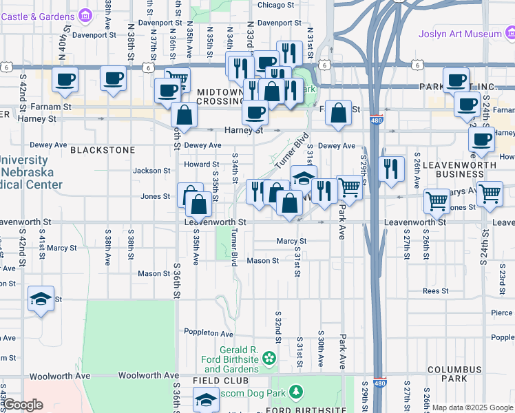 map of restaurants, bars, coffee shops, grocery stores, and more near 725 South 33rd Street in Omaha