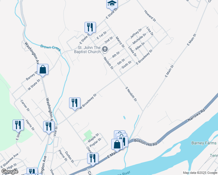 map of restaurants, bars, coffee shops, grocery stores, and more near 53-55 West Broadway Street in Larksville