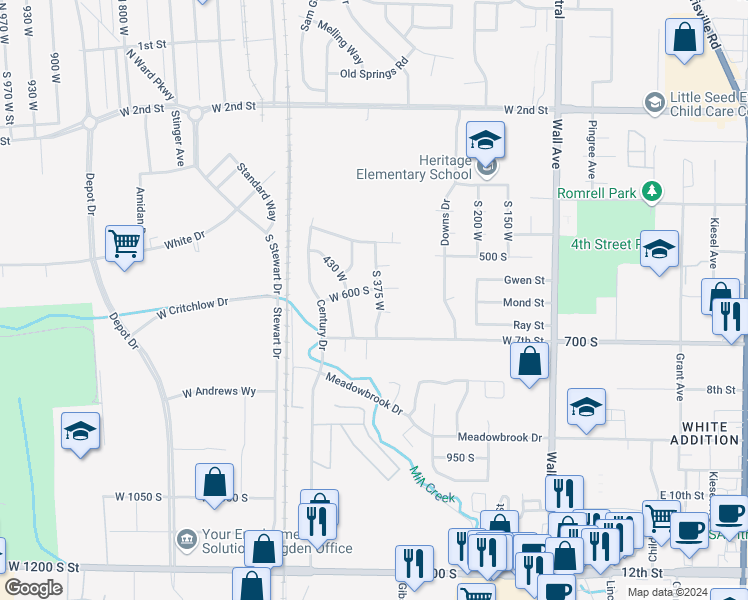 map of restaurants, bars, coffee shops, grocery stores, and more near 617 South 375 West in Ogden