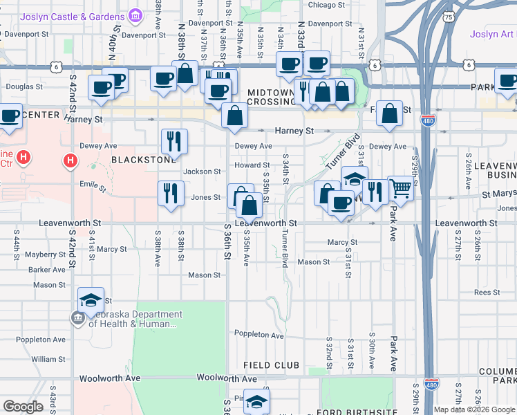 map of restaurants, bars, coffee shops, grocery stores, and more near 3507 Jones Street in Omaha