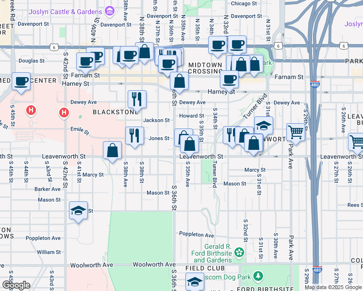map of restaurants, bars, coffee shops, grocery stores, and more near 3559 Jones Street in Omaha