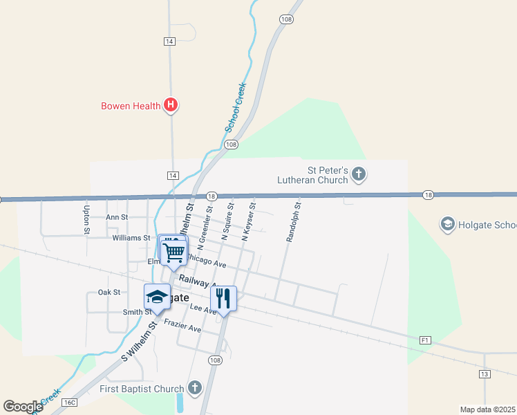 map of restaurants, bars, coffee shops, grocery stores, and more near 433 North Keyser Street in Holgate