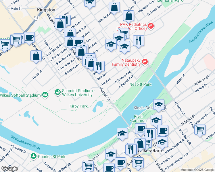 map of restaurants, bars, coffee shops, grocery stores, and more near 27 North Dawes Avenue in Kingston