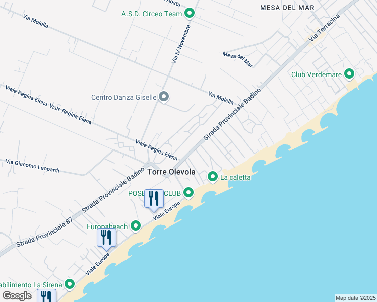 map of restaurants, bars, coffee shops, grocery stores, and more near 88 Via Terracina in San Felice Circeo
