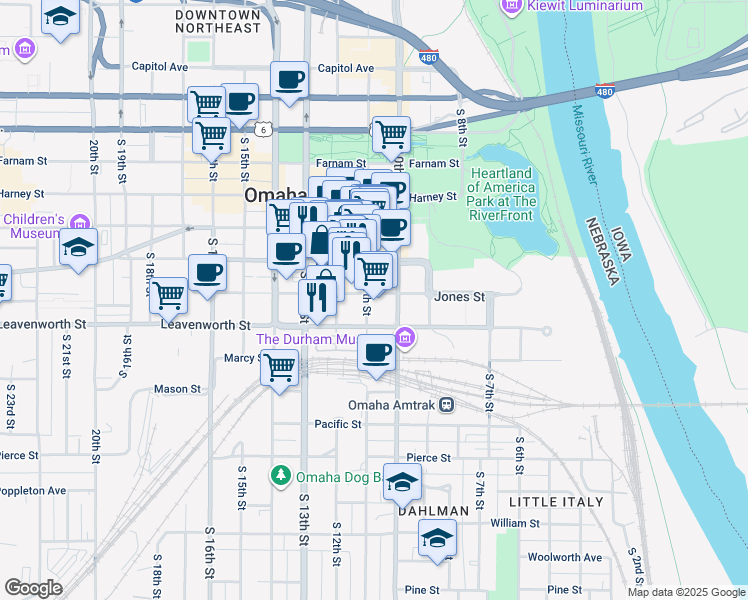 map of restaurants, bars, coffee shops, grocery stores, and more near 1011 Jones Street in Omaha