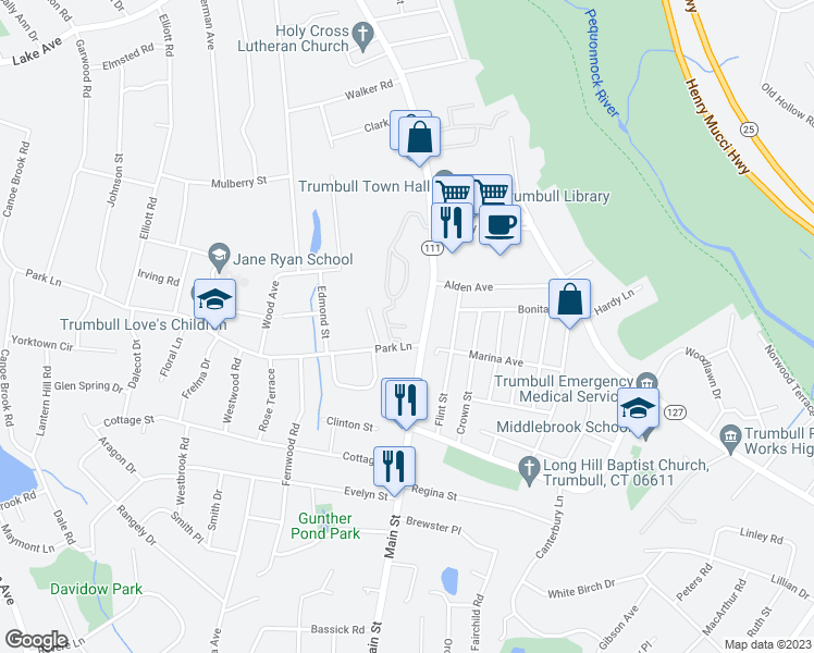 map of restaurants, bars, coffee shops, grocery stores, and more near 357 Hadley Drive in Trumbull