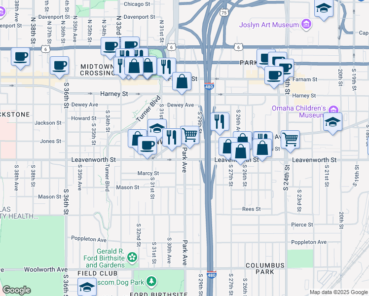 map of restaurants, bars, coffee shops, grocery stores, and more near 636 Park Avenue in Omaha