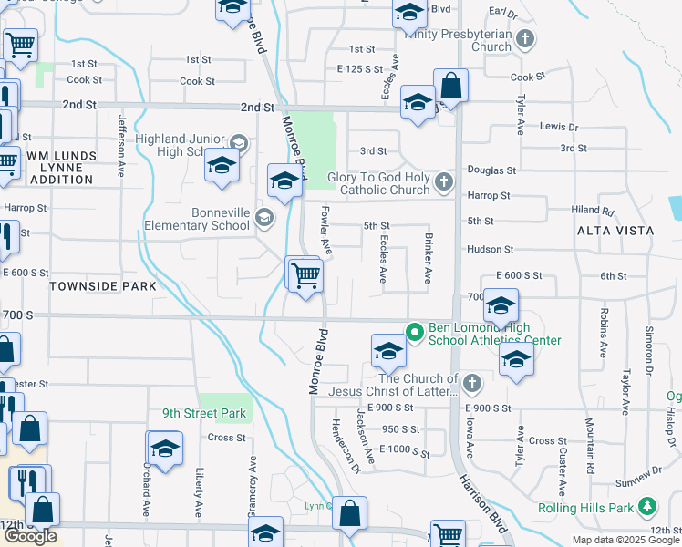 map of restaurants, bars, coffee shops, grocery stores, and more near 580 Marco Lane in Ogden