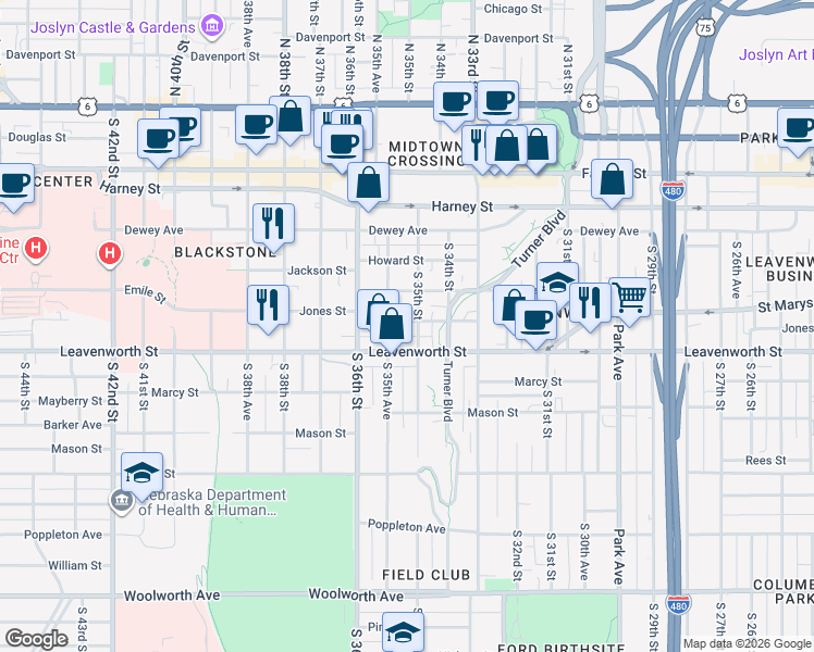 map of restaurants, bars, coffee shops, grocery stores, and more near 706 South 35th Street in Omaha