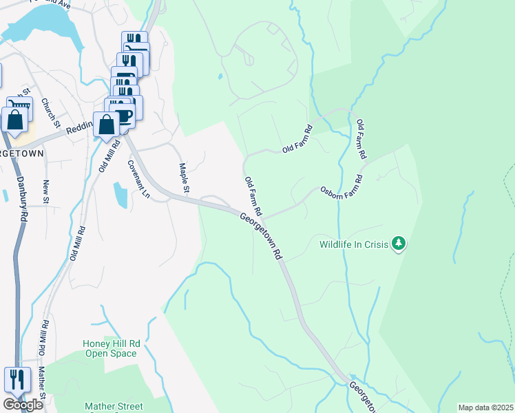 map of restaurants, bars, coffee shops, grocery stores, and more near 21 Old Farm Road in Weston