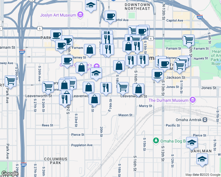 map of restaurants, bars, coffee shops, grocery stores, and more near 638 South 19th Street in Omaha