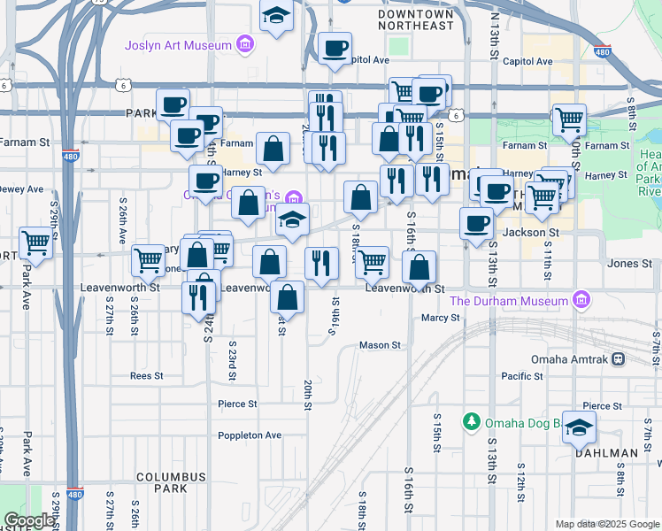 map of restaurants, bars, coffee shops, grocery stores, and more near 1906 Jones Street in Omaha