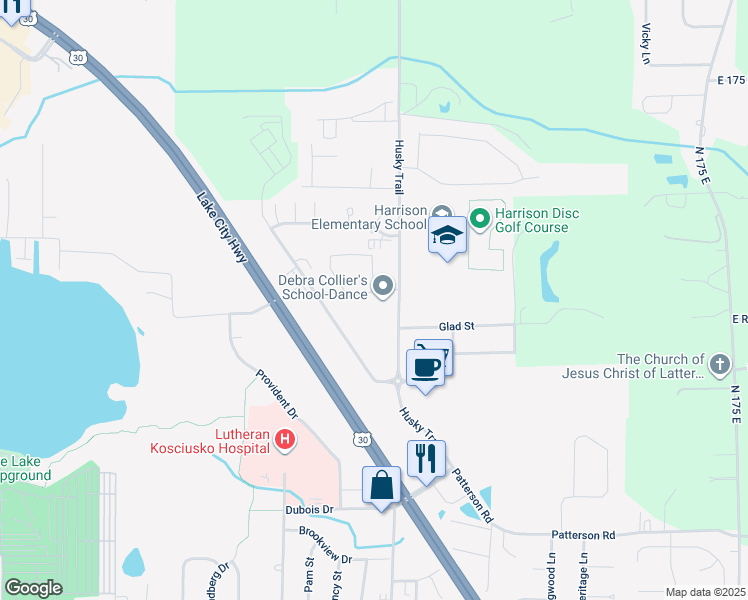 map of restaurants, bars, coffee shops, grocery stores, and more near 1269 Husky Trail in Warsaw