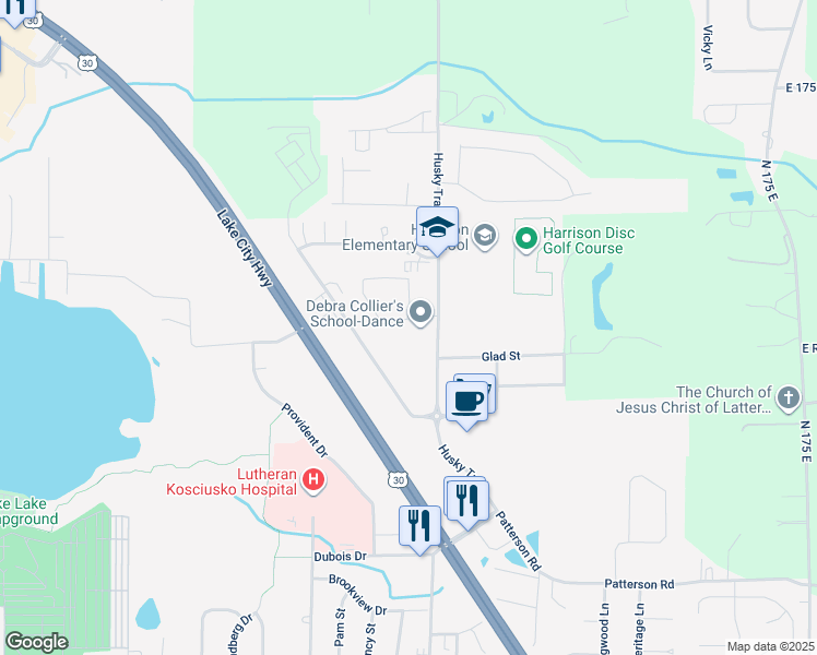 map of restaurants, bars, coffee shops, grocery stores, and more near 1269 Husky Trail in Warsaw