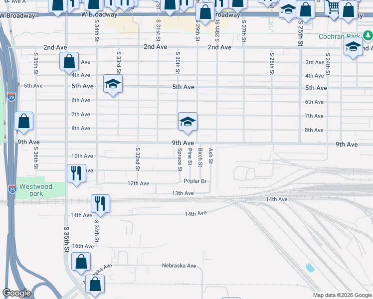 map of restaurants, bars, coffee shops, grocery stores, and more near 917 Spruce Street in Council Bluffs