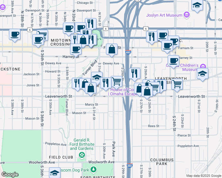 map of restaurants, bars, coffee shops, grocery stores, and more near 709 South 30th Street in Omaha