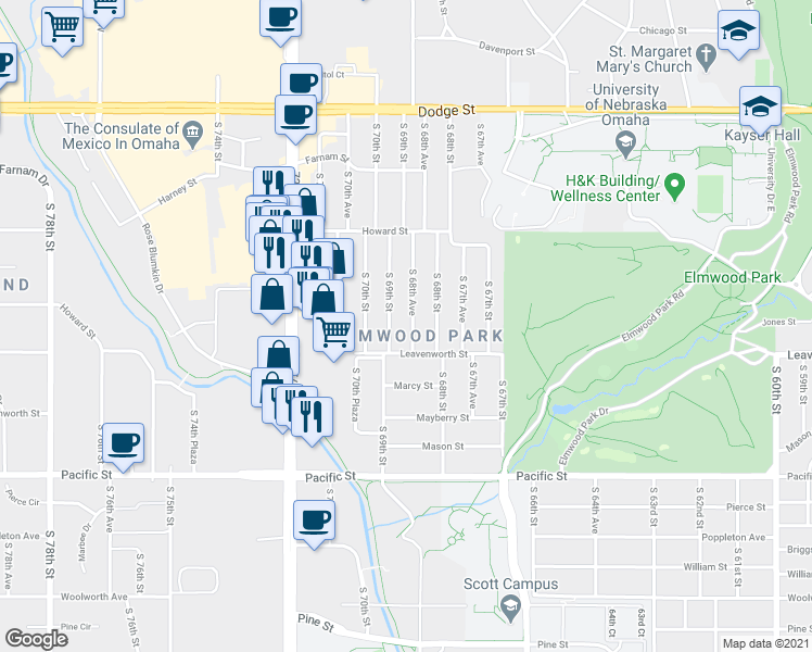 map of restaurants, bars, coffee shops, grocery stores, and more near 740 South 68th Avenue in Omaha