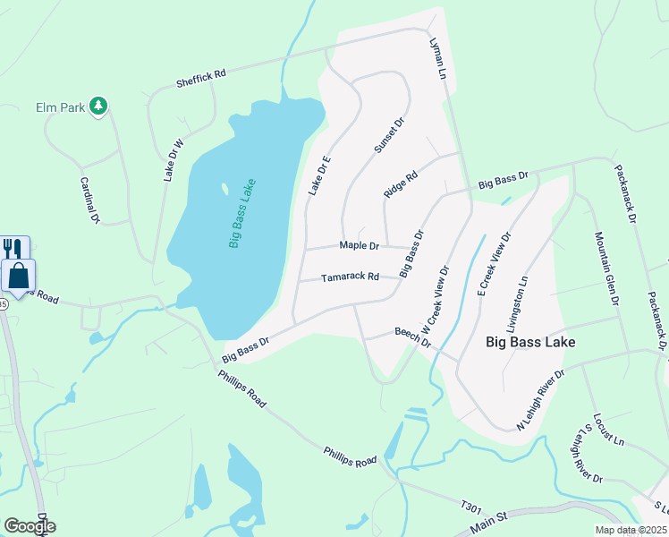 map of restaurants, bars, coffee shops, grocery stores, and more near 19 Tamarack Road in Big Bass Lake