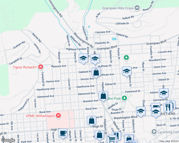 map of restaurants, bars, coffee shops, grocery stores, and more near 1399 Elmira Street in Williamsport