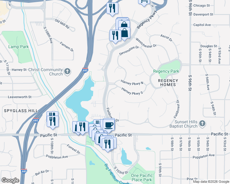 map of restaurants, bars, coffee shops, grocery stores, and more near 10262 Fieldcrest Drive in Omaha