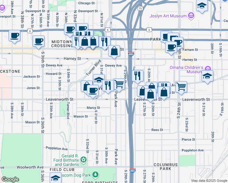 map of restaurants, bars, coffee shops, grocery stores, and more near 628 Park Avenue in Omaha