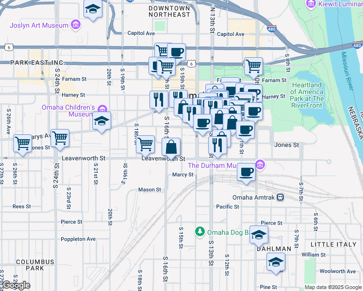map of restaurants, bars, coffee shops, grocery stores, and more near 714 South 15th Street in Omaha