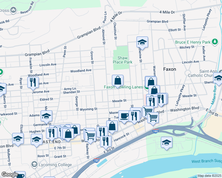 map of restaurants, bars, coffee shops, grocery stores, and more near 915 Sheridan Street in Williamsport