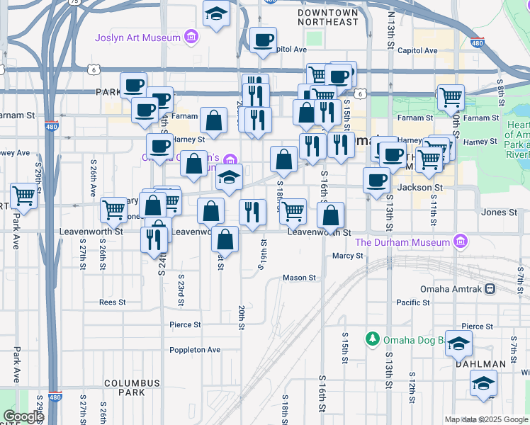 map of restaurants, bars, coffee shops, grocery stores, and more near 638 South 19th Street in Omaha