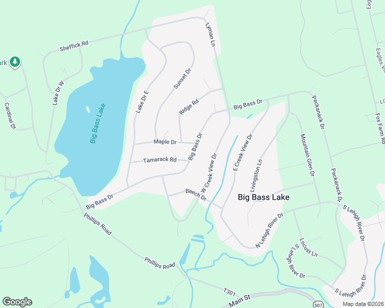 map of restaurants, bars, coffee shops, grocery stores, and more near Big Bass Drive in Big Bass Lake
