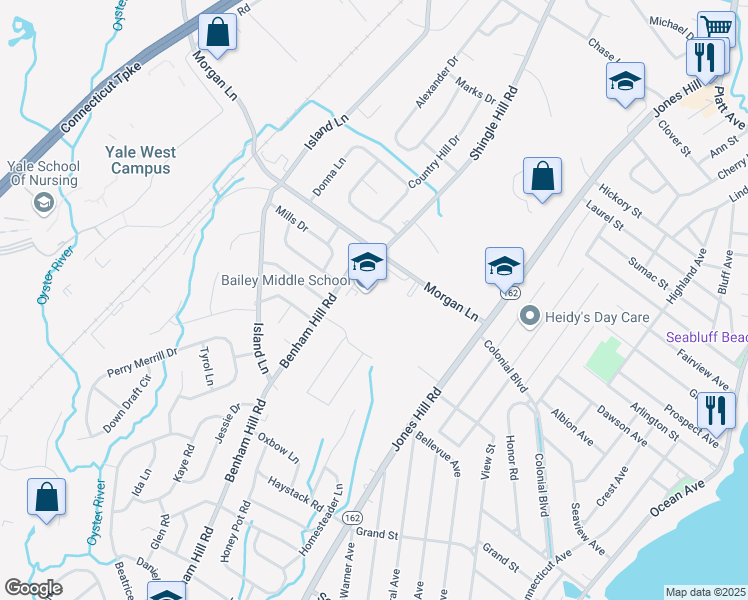 map of restaurants, bars, coffee shops, grocery stores, and more near 106 Morgan Lane in West Haven