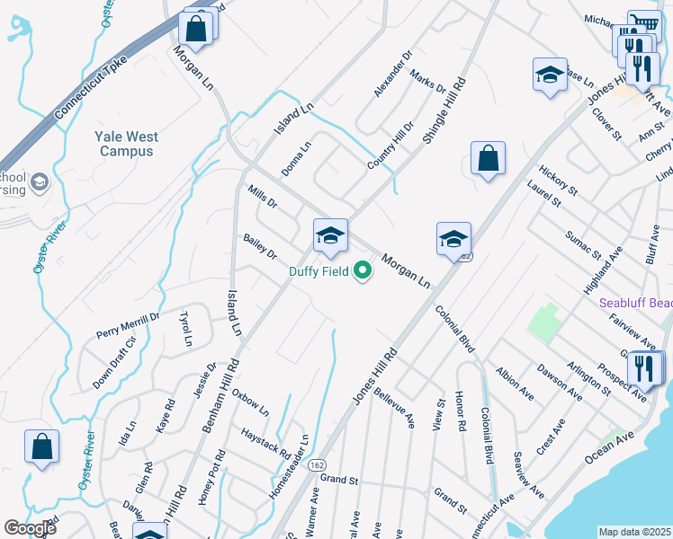 map of restaurants, bars, coffee shops, grocery stores, and more near 106 Morgan Lane in West Haven