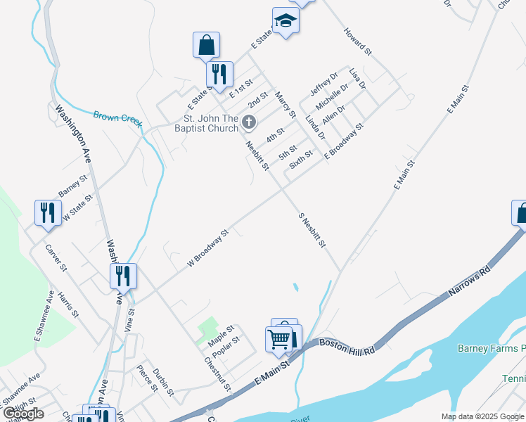 map of restaurants, bars, coffee shops, grocery stores, and more near 53-55 West Broadway Street in Larksville