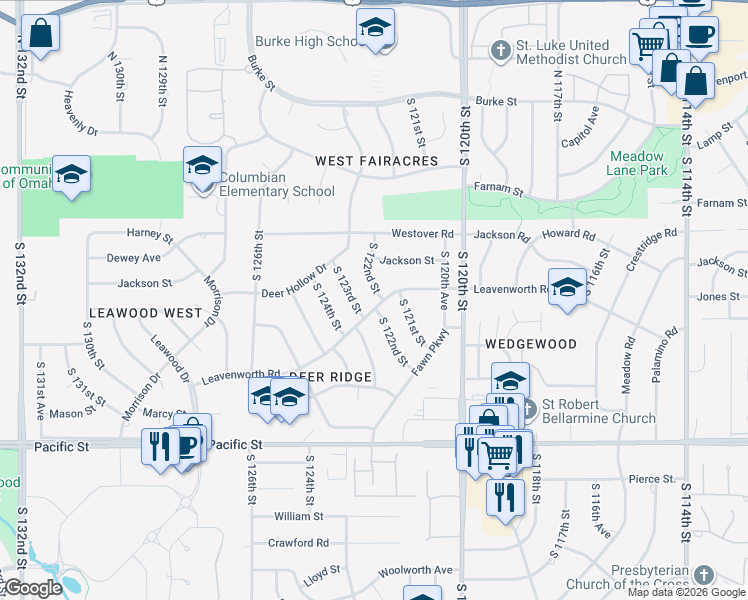 map of restaurants, bars, coffee shops, grocery stores, and more near 12212 Leavenworth Road in Omaha