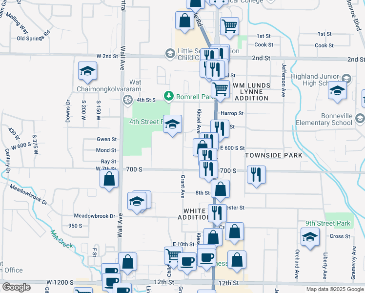 map of restaurants, bars, coffee shops, grocery stores, and more near 595 South 300 East in Ogden