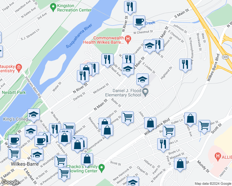 map of restaurants, bars, coffee shops, grocery stores, and more near 419 North Main Street in Wilkes-Barre