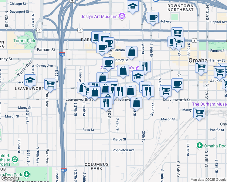 map of restaurants, bars, coffee shops, grocery stores, and more near 2221 Jones Street in Omaha