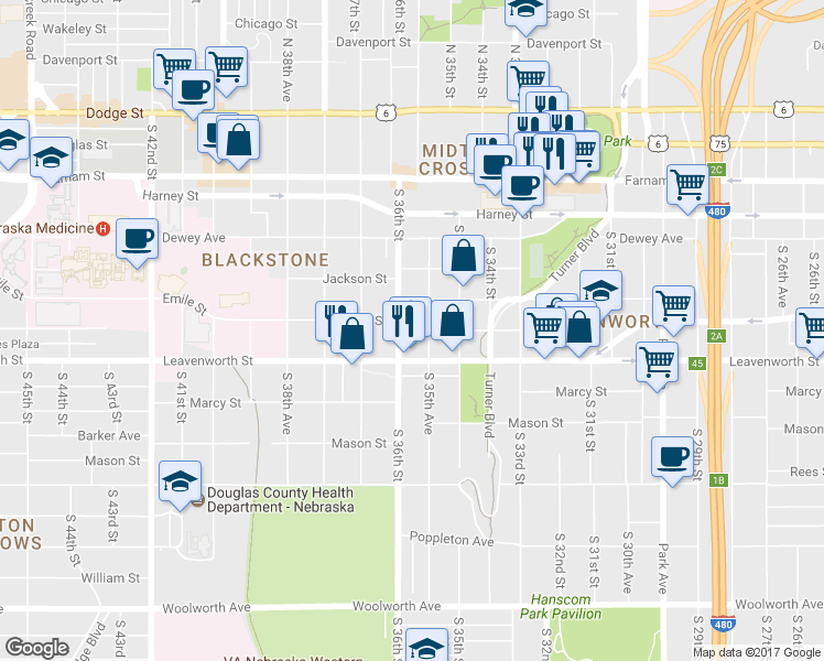 map of restaurants, bars, coffee shops, grocery stores, and more near 3559 Jones Street in Omaha