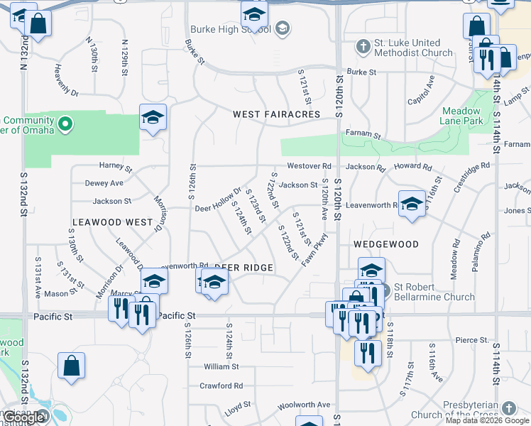 map of restaurants, bars, coffee shops, grocery stores, and more near 12212 Leavenworth Road in Omaha